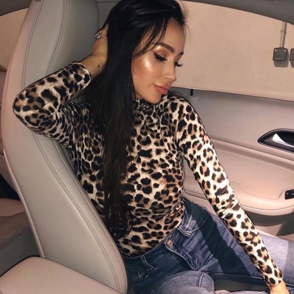 Leopard Print Turtleneck Bodysuit - Picture 1 of 5